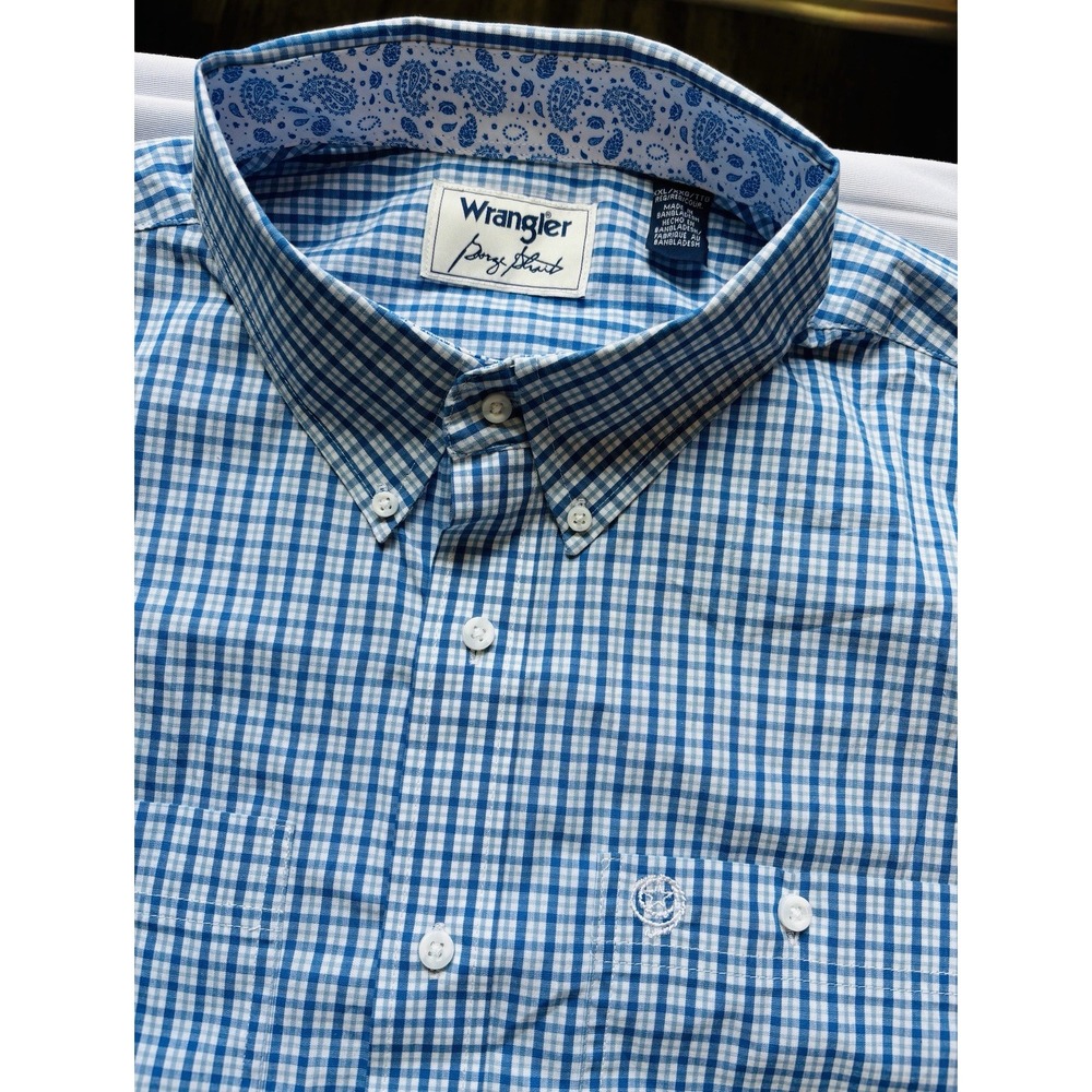 Men's Wrangler George Strait 2XL Blue White Plaid Long Sleeve Shirt‎